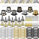 Chitidr 108 Pcs / 36 Set Happy New Year Party Kit 2026 New Year Decoration Favors Years Eve Party Supplies for 36 Guest Include Black Gold Sliver Top Hats Tiaras Headbands Bead Necklace Noisemaker