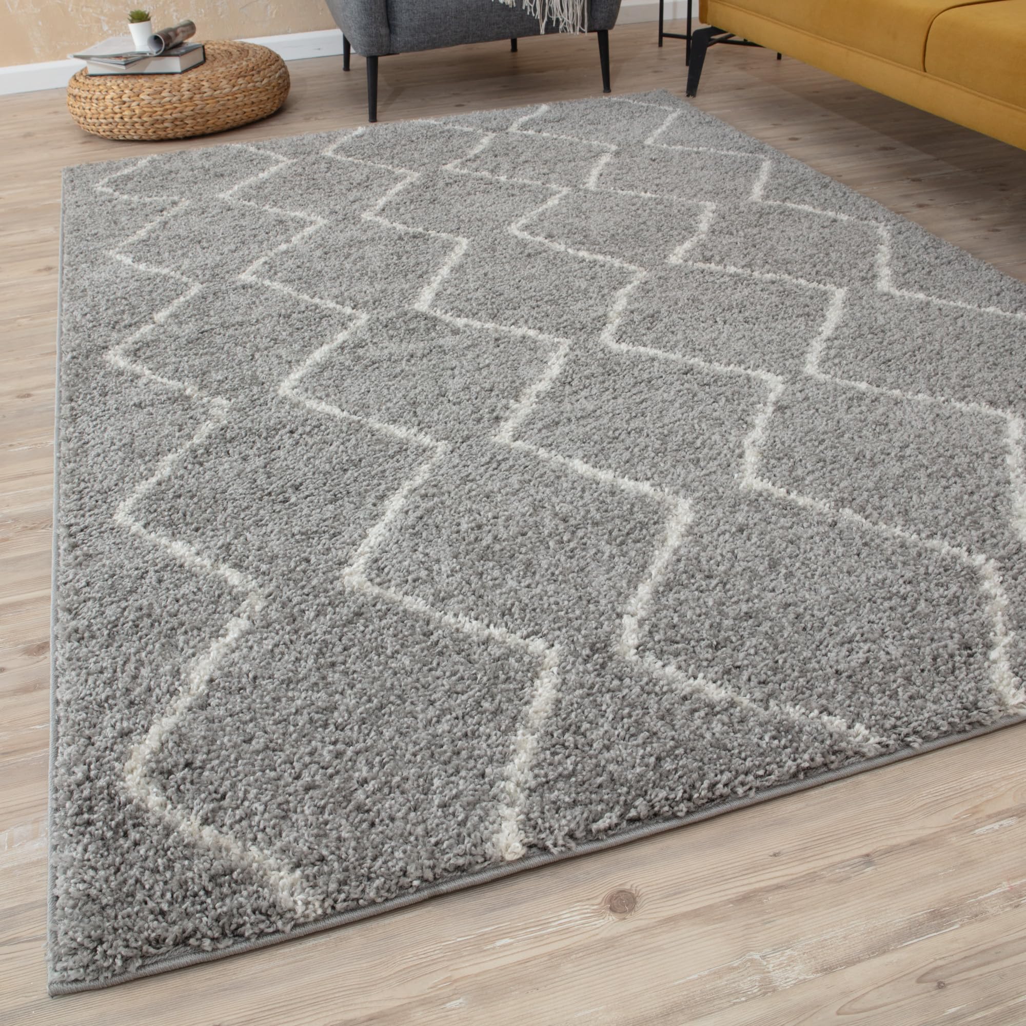 THE RUGS Modern Moroccan Design Living Room and Bedroom Rugs, Non-Shedding & Easy Care (Boho Grey/Ivory, 120 cm Square)