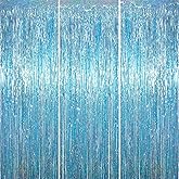 Voircoloria 3.3 x 6.6 ft Foil Fringe Backdrop Curtains, Tinsel Streamers Party Decorations, Fringe Backdrop for Birthday, Baby Shower, Gender Reveal, Graduation (3, Light Blue)