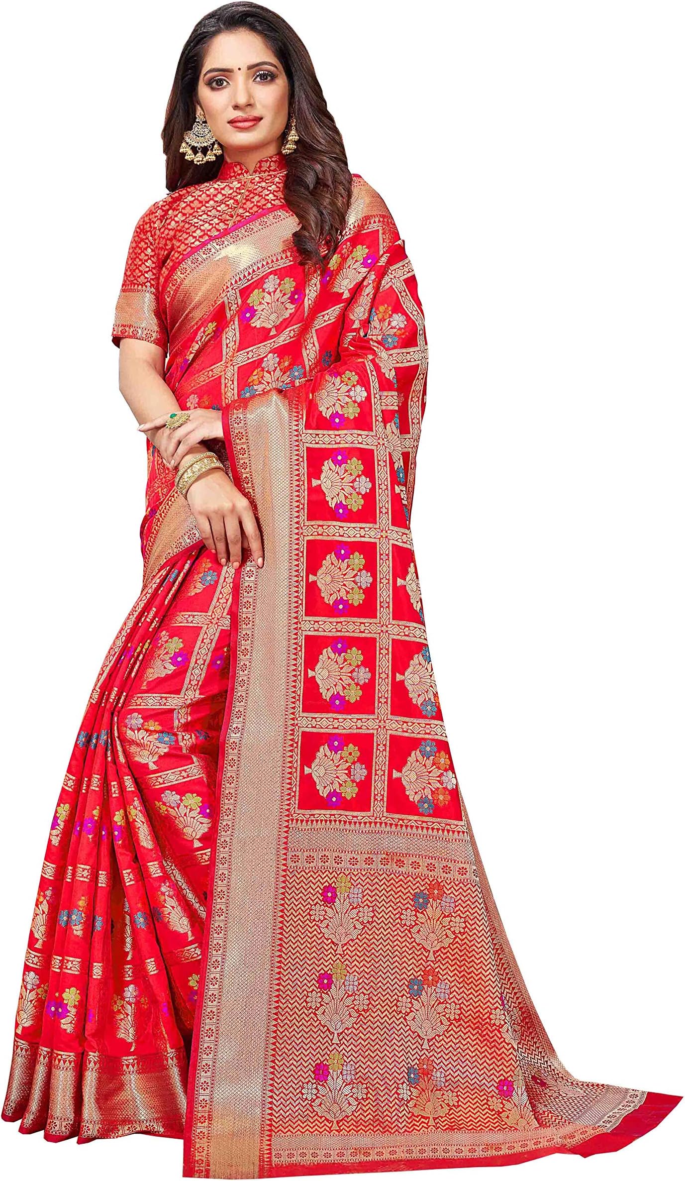 Women's Cotton Handloom Woven Work Saree (Red)
