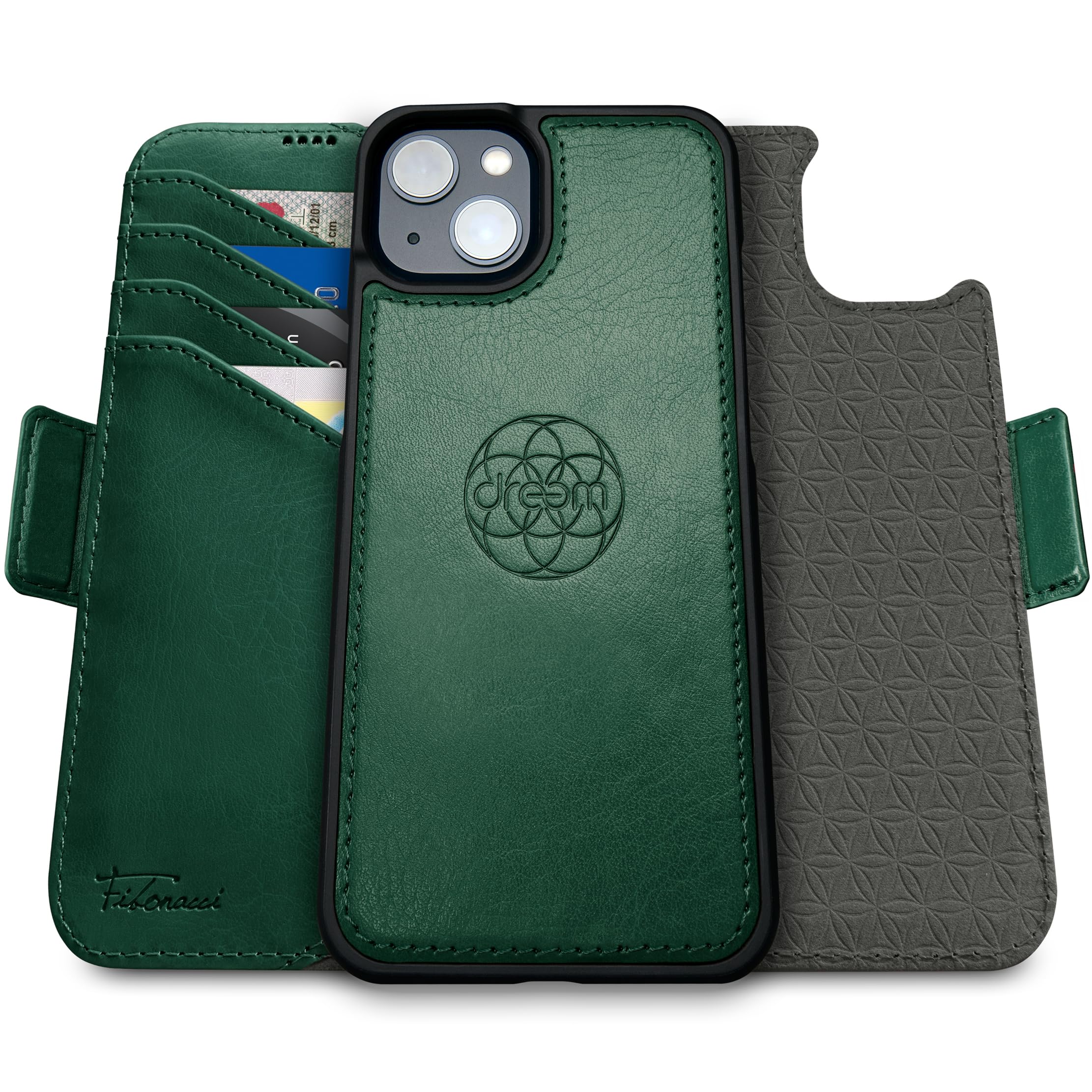 dreem Wallet Case for iPhone 15, Revolutionary Vert/Hor Phone Stand, Magnetic Detachable Vegan Leather Flip Cover RFID Blocking Card Holder, MagSafe-Fit, Gift Box [Fibonacci: Green] — image 1