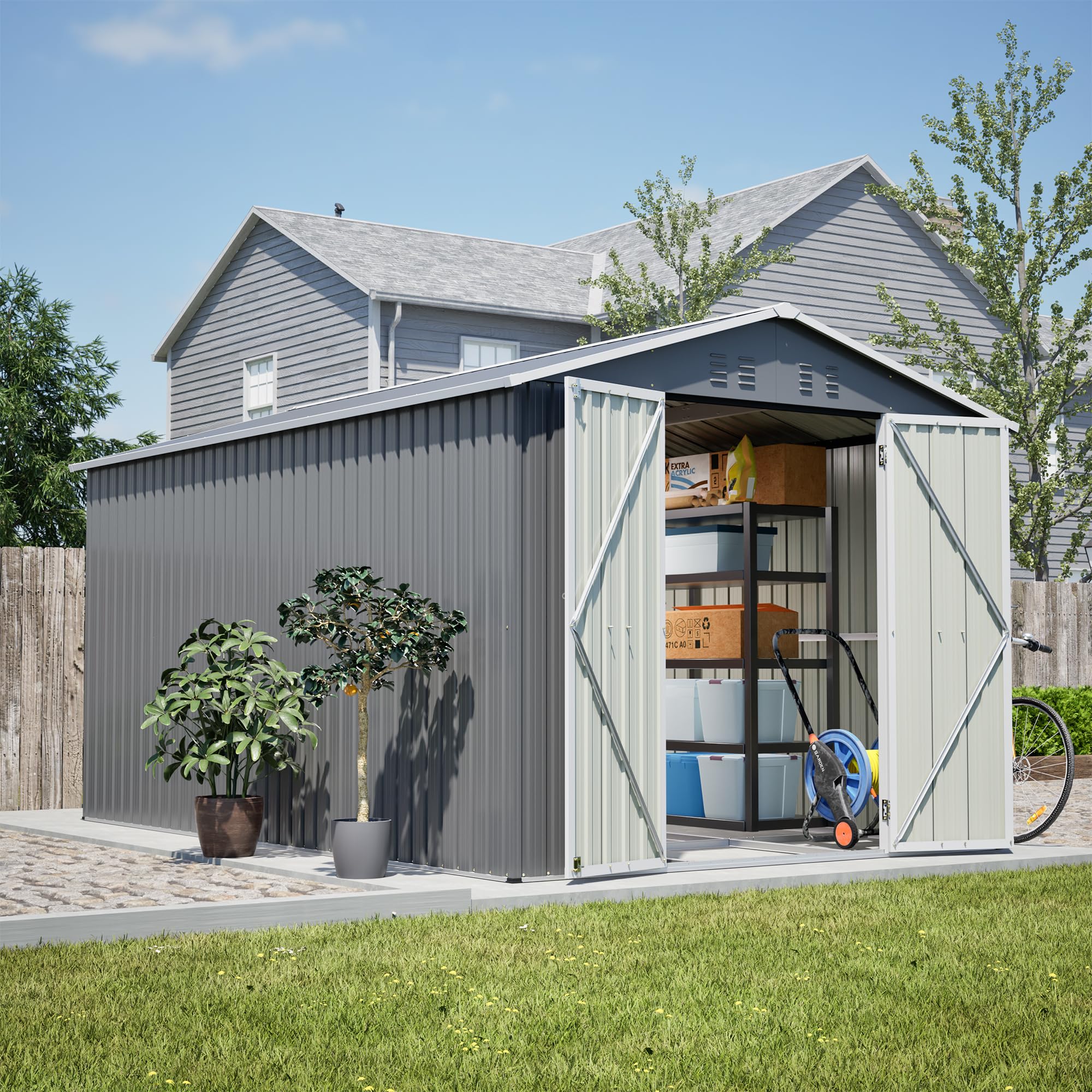 Photo 1 of ***TRUCK/TRAILER PICKUP ONLY***
missing box #2!!!
YOPTO 8x12 FT Metal Outdoor Storage Shed,Garden Shed W/ 2 Reversible Lockable Doors & Updated Frame Structure,Outdoor Backyard Tool House W/ 4 Air Vents & Sloped Roof,for Patio,Lawn,Grey