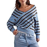 HYLLGUD Women's Long Sleeve Striped Color Block Knitted Sweater V Neck Oversized Pullover Jumper Tops