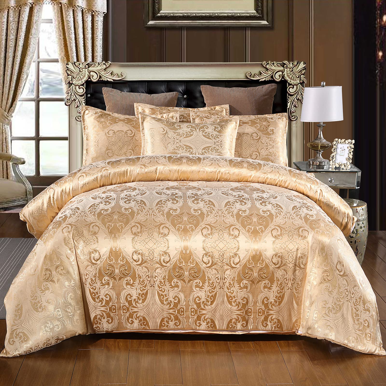 HMtideby Jacquard Duvet Cover Set Double Microfiber Bedding Sets 3 pcs Gold Duvet Quilt Cover with 2 Matching Pillow Cases 200x200cm
