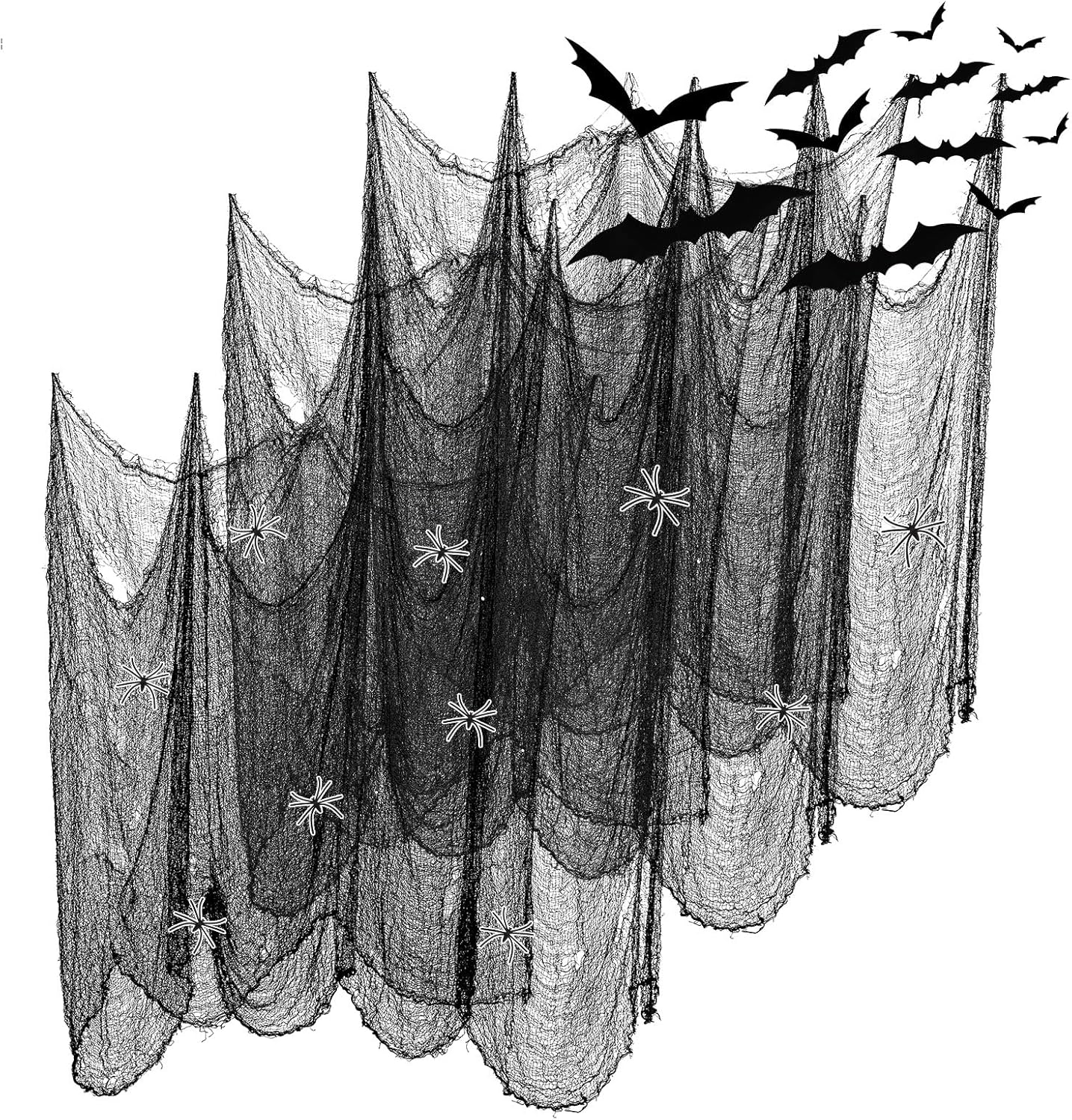 Outdoor Holiday Decorations - FestiCorp 3 in 1 Halloween Black Creepy Cloth Set - 6 Pcs 30x72 in Cheese Cloths with Spiders and Bats, Halloween Netting Spooky Creepy Gauze Cloth for Haunted House Decoration Indoor and Outdoor