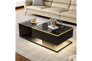 Merax 39.4" Long Rectangle Coffee Table, High-Gloss Living Room Center Table with Light Effect, 1 Cabinet Door and Open Stora
