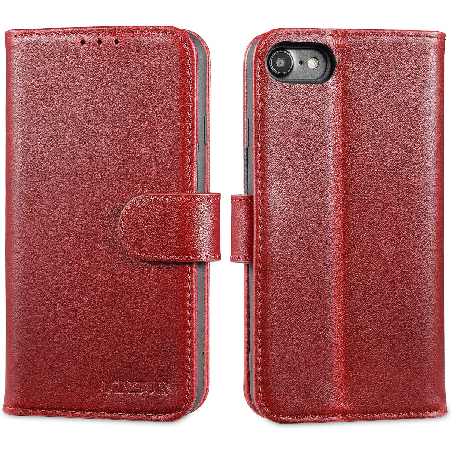 LENSUN Case for iPhone SE 2022/2020/8/7, Genuine Leather Wallet Flip Phone Cover [RFID Blocking] with Card Holder and Magnetic Closure for iPhone 7/8/SE 2022/2020 - Wine Red