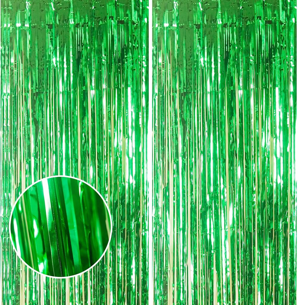 YAAVAAW 2pcs Glitter Green Tinsel Curtain Backdrop 3.2x8.3ft Door Fringe