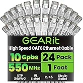 GEARit Cat 6 Ethernet Cable (24-Pack 1 Foot) Cat6 Network Patch, 10Gbps, RJ45, Snagless Cord, Gold-Plated Connectors, Interne