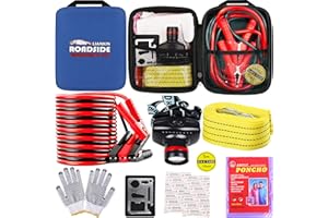 LIANXIN Car Roadside Emergency Kit, with Jumper Cables Automotive Kit,Car Safety Roadside Assistance Kit Headlamp,Tow Straps, Multi-Function Blades, Rainwear, Gloves.Blue