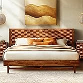 Acacia Elara Wood Bed Frame with CNC-Carved Headboard, Queen Size, Walnut | CNC on Solid Panel, Unique Patterns, Stability Frame, Support 800 lbs, No-Squeak Comfort, No Box Spring Need, Easy Setup