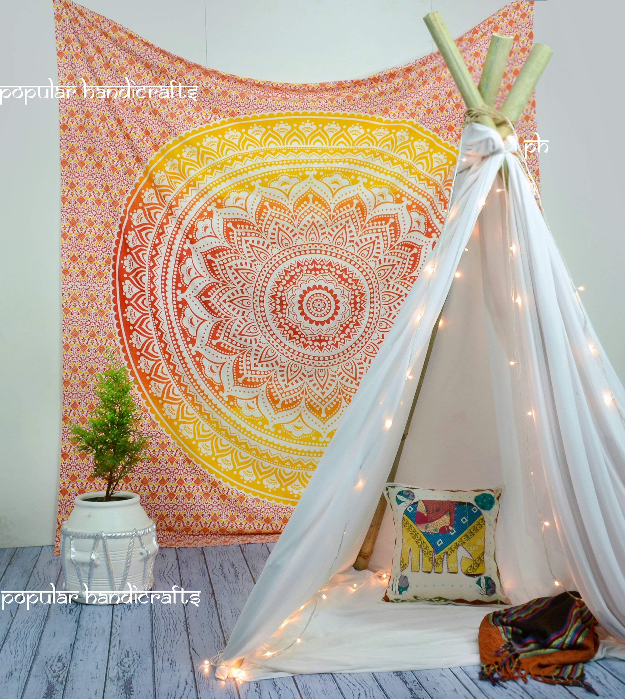 "Nouveau lancé" populaire DIY Ombre Tapisserie, travail à la main Indien Mandala Peinture Hippie Décoration Murale, Suspendus Bohème Jeter Couverture Tapisseries 84" x 90" (Coton, Feu, Plein)