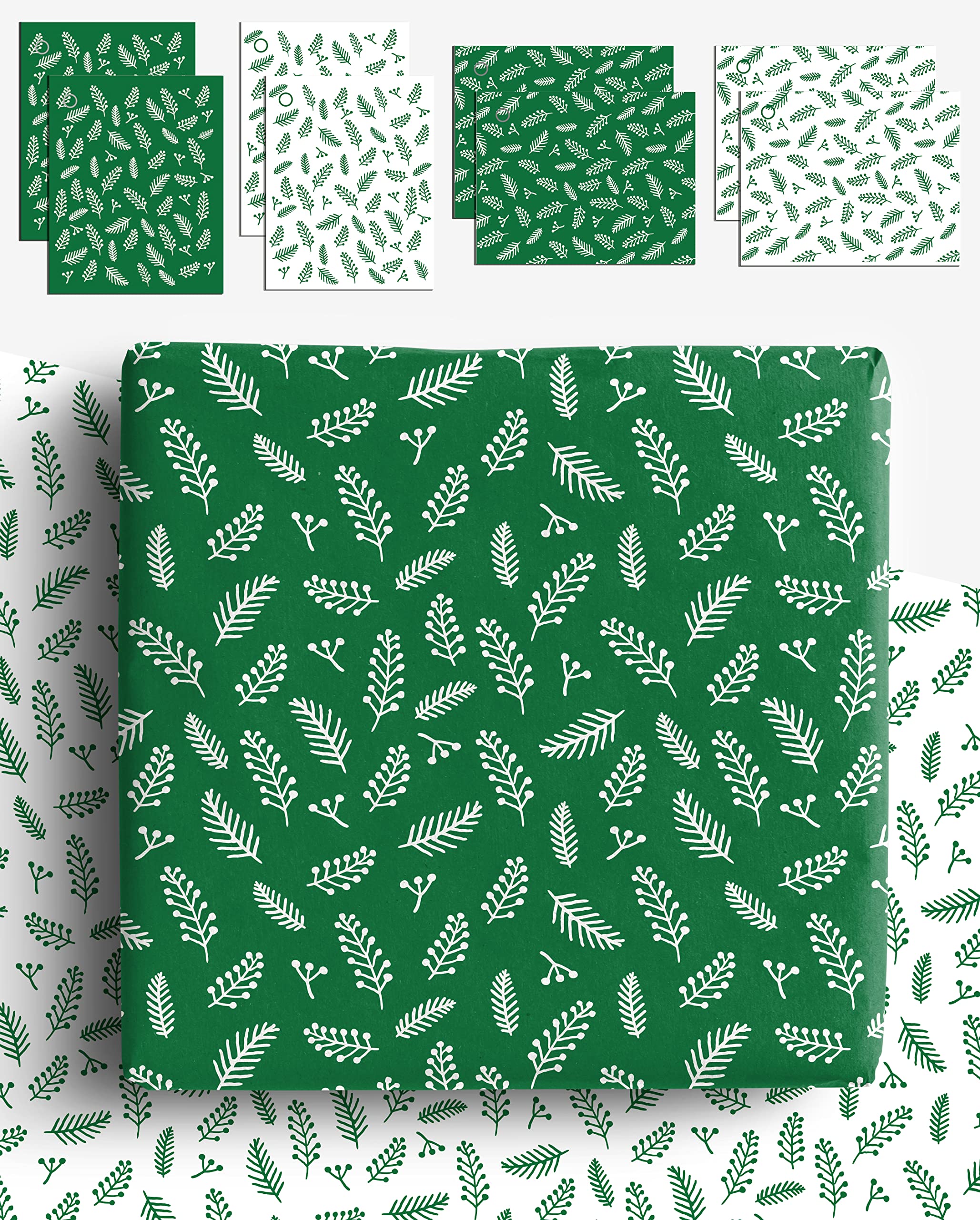 Green Christmas Tree Leaf Wrapping Paper Set with Tags - 8 Recyclable White and Green Gift Wrap Sheets with 8 Matching Cards | 100% Recycled and Recyclable Paper
