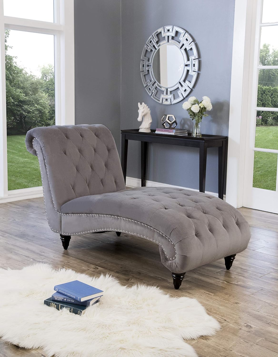 accent chaise lounge chairs on Amazon Com Abbyson Living Velvet Chaise Lounge Accent Chair With Tufted Seat And Silver Nailhead Trim Grey Furniture Decor