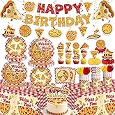Xynic 199pcs Pizza Party Decorations Tableware Set Serves 25 Pizza Birthday Party Decorations, Disposable Pizza Themed Plates and Napkins Set, with Cakes, Toppers, Banner, Tablecloths