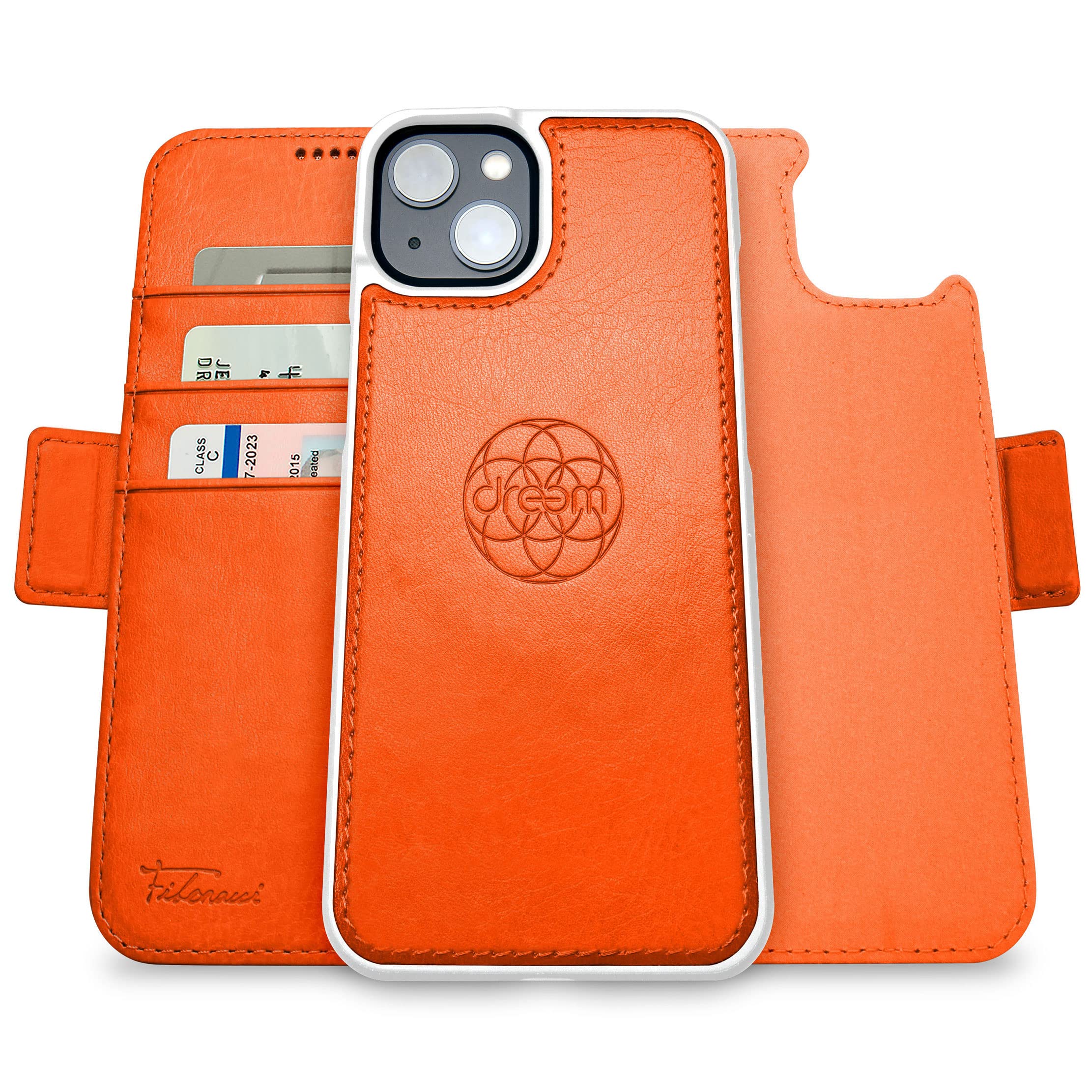 dreem Fibonacci wallet case compatible with iPhone 14 Plus / 2-in-1 shockproof case and detachable vegan leather folio, MagSafe compatible, RFID protection [Orange]