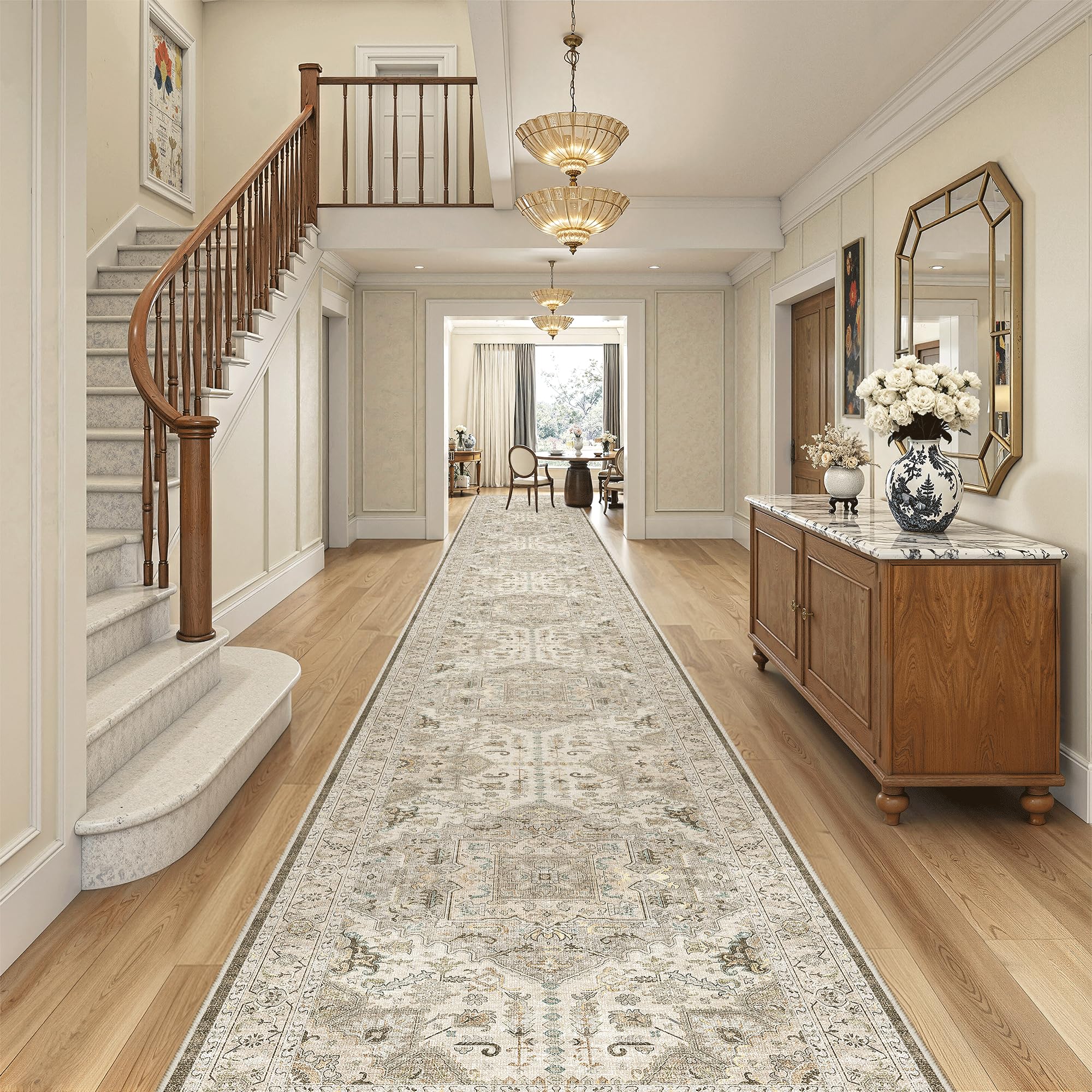 Photo 1 of Madane 3x20 Hallway Runner Rug - Extra Long Carpet Runners for Hallways 20ft Non Slip Stain Resistant Rugs Runner for Living Room Bedroom 20 Feet Distressed Floor Carpet for Kitchen, Ivory/Brown