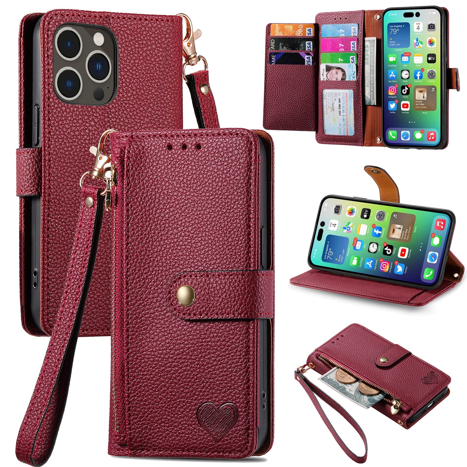 VEEMOS Zipper Wallet Case for Apple iPhone 14 Pro Phone Case with Purse Card Holders RFID Blocking Leather Flip Case Book Cover Wrist Strap Women - Red