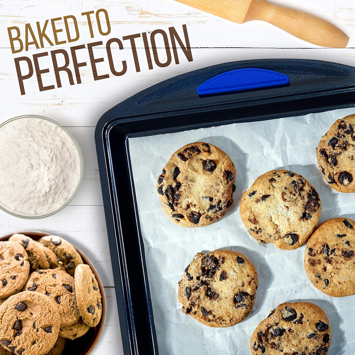 10-Piece Kitchen Oven Baking Pans - Deluxe Carbon Steel Bakeware Set with Stylish Non-stick Blue Coating Inside and Out, With Blue Silicone Handles Dishwasher Safe & PFOA, PFOS, PTFE Free (NCBK10S): Kitchen & Dining