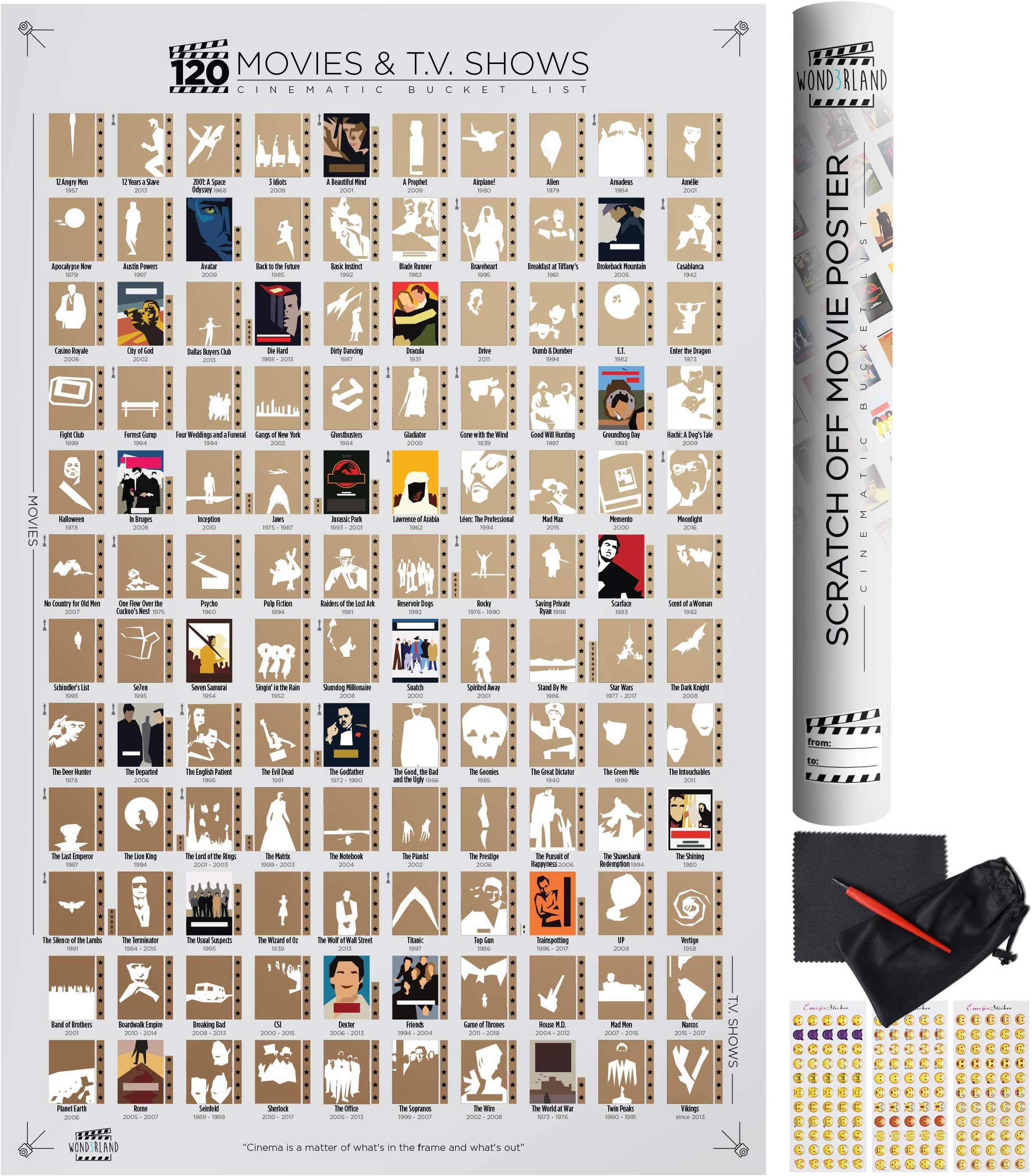 Wond3rland Premium Scratch Off Movie Poster with 100 Films & 20 TV Shows | Unique White Cinematic Bucket List | Deluxe Gift for Cinema Lovers | Bonus - Complete Accessories Set Included (White)