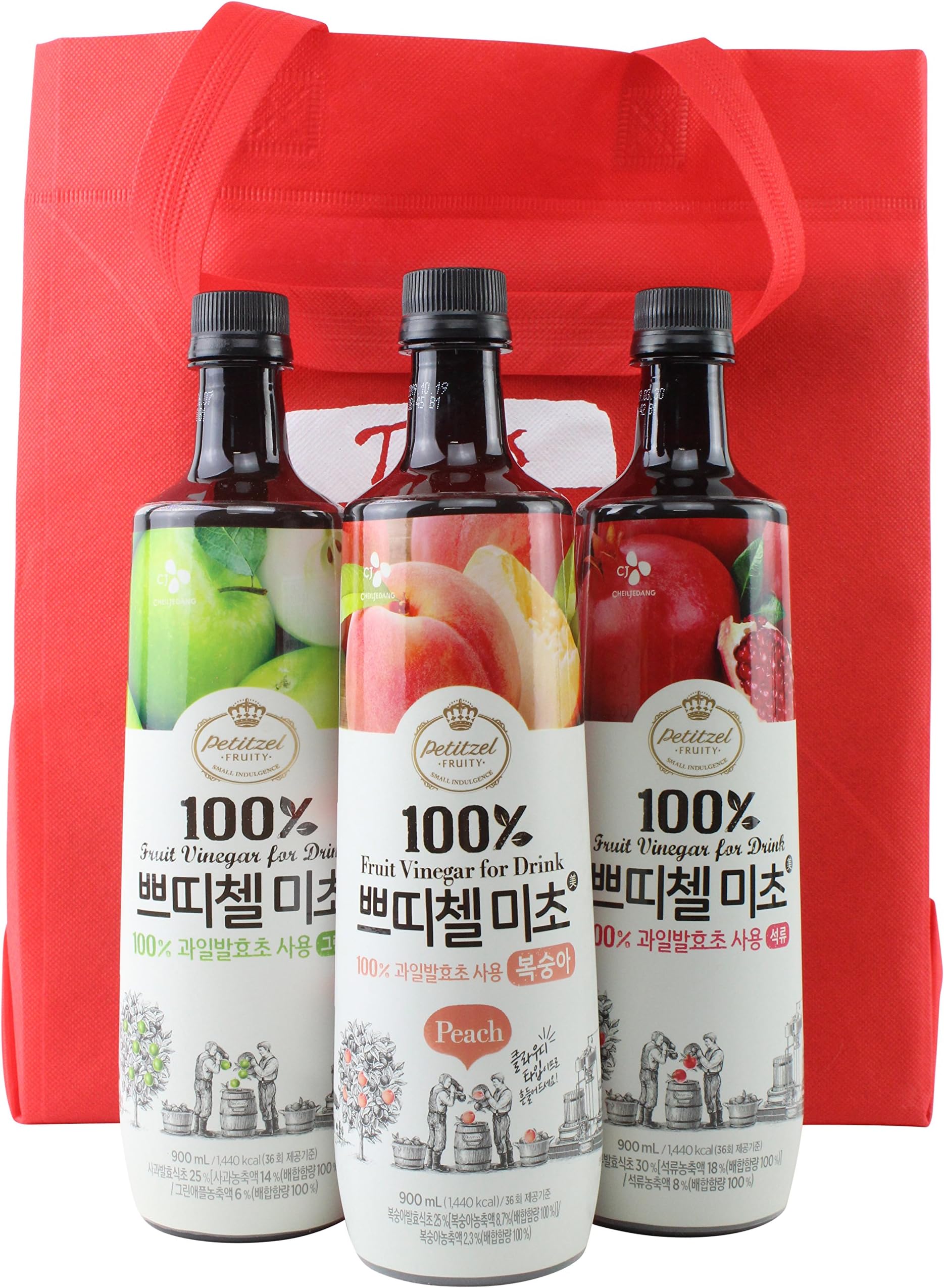 Korean CJ Petitzel Fruit Vinegar Drink Concentrate, 3 Bottle Set: Peach, Pomegranate and Green Apple, 91 Fl Ounces