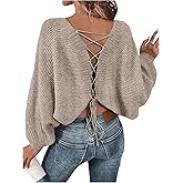 RoseSeek Women's Off Shoulder Lace Up Open Back Sweaters Long Sleeve Loose Pullovers Casual Knit Fall Tops