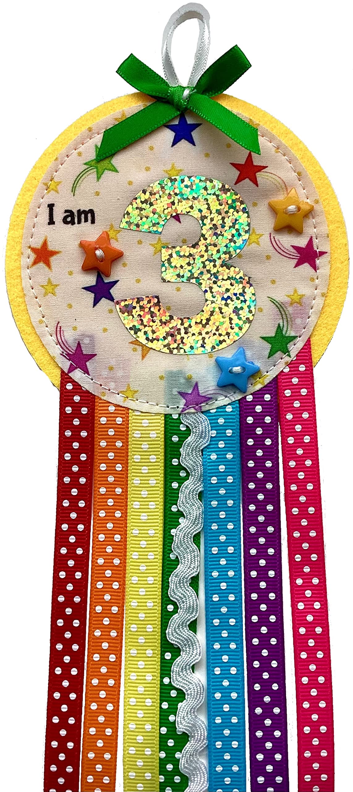 Ditsy Rosettes Rainbow Birthday Rosette Badge - Age 3, 4, 5, 6, 7, 8, 9 - Perfect Party Gift card – Birthday Boy, Birthday Girl (STARS - Age 3)