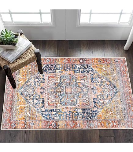 Jinchan Tapis Persan D'intérieur 61 X 91 Cm – Revêtement De Sol Vintage à Imprimé Greige – Tapis De Porte Fin Pliable Et Léger Pour Salle De Bain