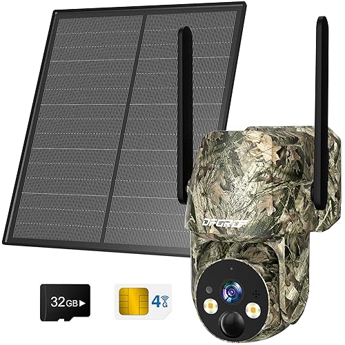 DFGRD 4G LTE Cellular Security Camera Outdoor Solar, 2K HD PTZ Wildlife Camera Wireless Trail Camera with Night Vision, PIR Motion Detection, 0.2s Trigger Time, Waterproof IP66, with SIM Card SD Card