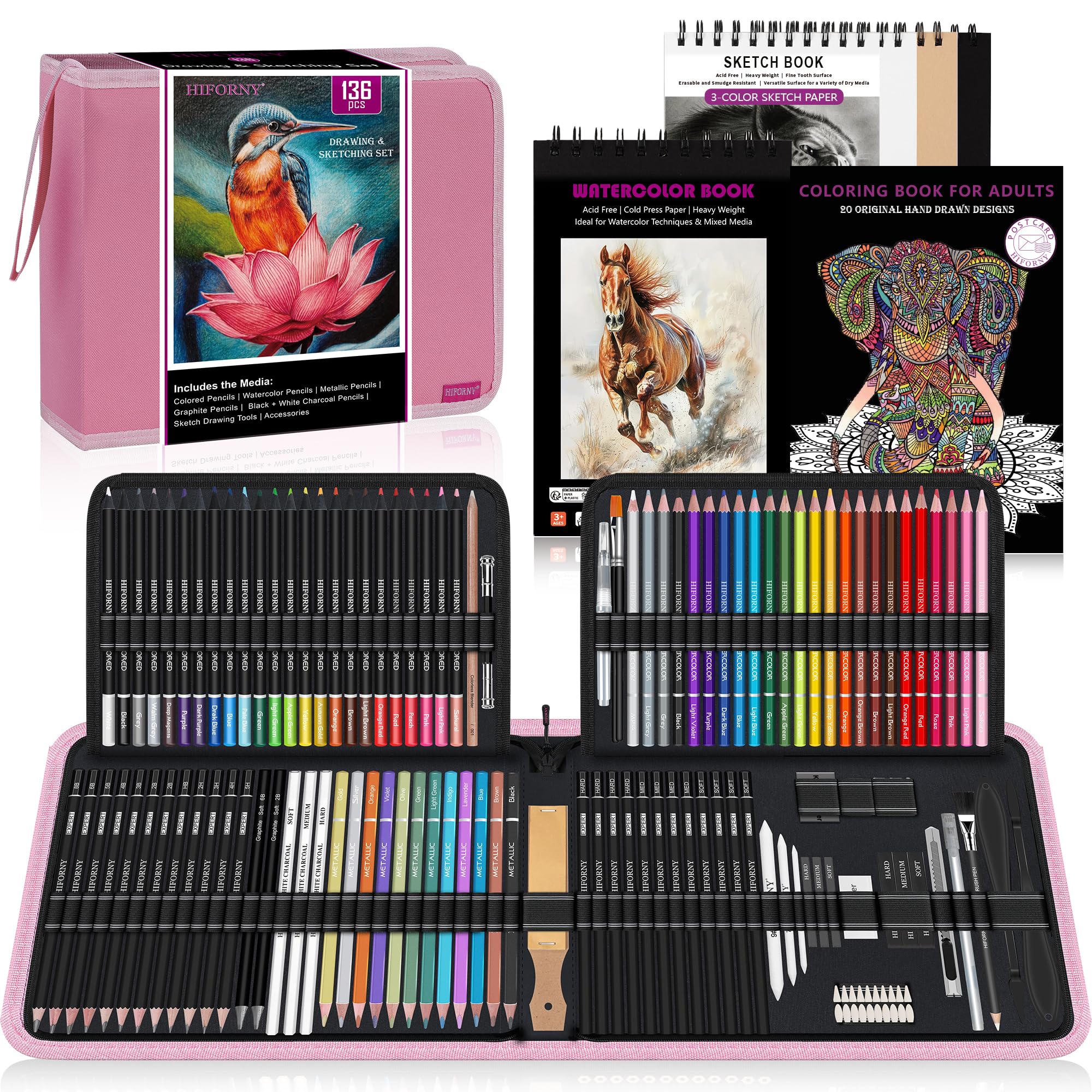 HIFORNY 136 PCS Drawing & Sketching Set,Pro Art Supplies with Graphite,Charcoal,Colored,Watercolor,Metallic Pencils,Blending Tools,Sketchbook,Watercolor Book and Coloring Book (Pink)