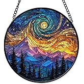 FIVITY 7.8" Northern Lights Aurora Suncatcher Stained Glass Window Hanging Forest Sun Catcher Night Sky Ornament Wall Home Garden Office Decor Birthday for Nature Lovers Women