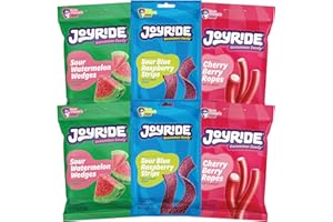 JOYRIDE Fan Favorite Variety 6 Pack - Blue Raspberry Strips, Cherry Berry Ropes, Watermelon Wedges, Low Calorie Gummy Candy, Low Sugar, Dye Free (6 Items)