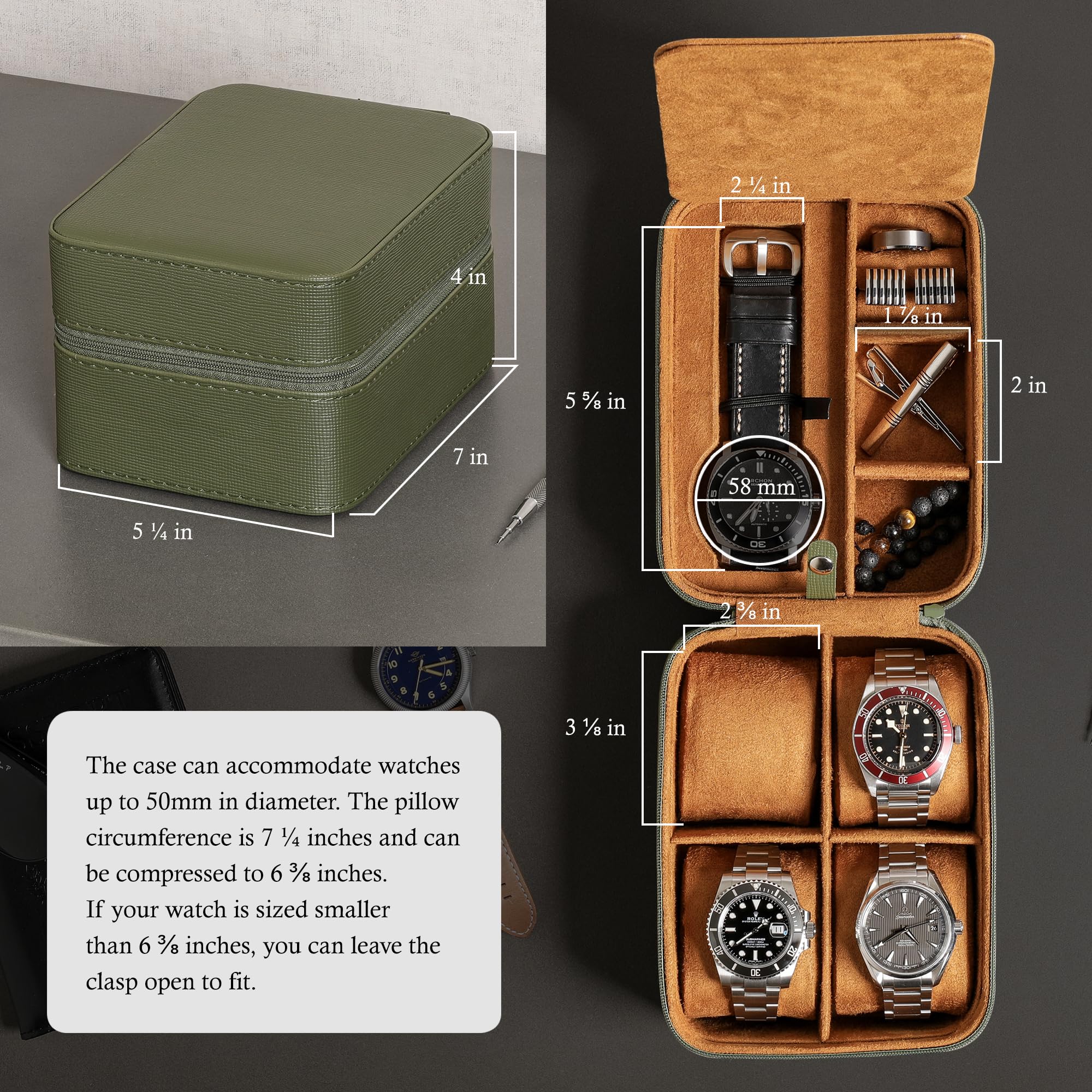 ROTHWELL 5 Watch Travel Case Storage Organizer for 5 Watches | Tough Portable Protection w/Zipper Fits All Wristwatches & Smart Watches Up to 50mm (Green/Tan)