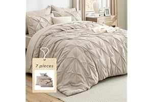 Bedsure Queen Comforter Set Beige - 7 Pieces Bed in a Bag Queen Size, GentleSoft™ Pintuck Bed Set Gift for Family, Pinch Plea