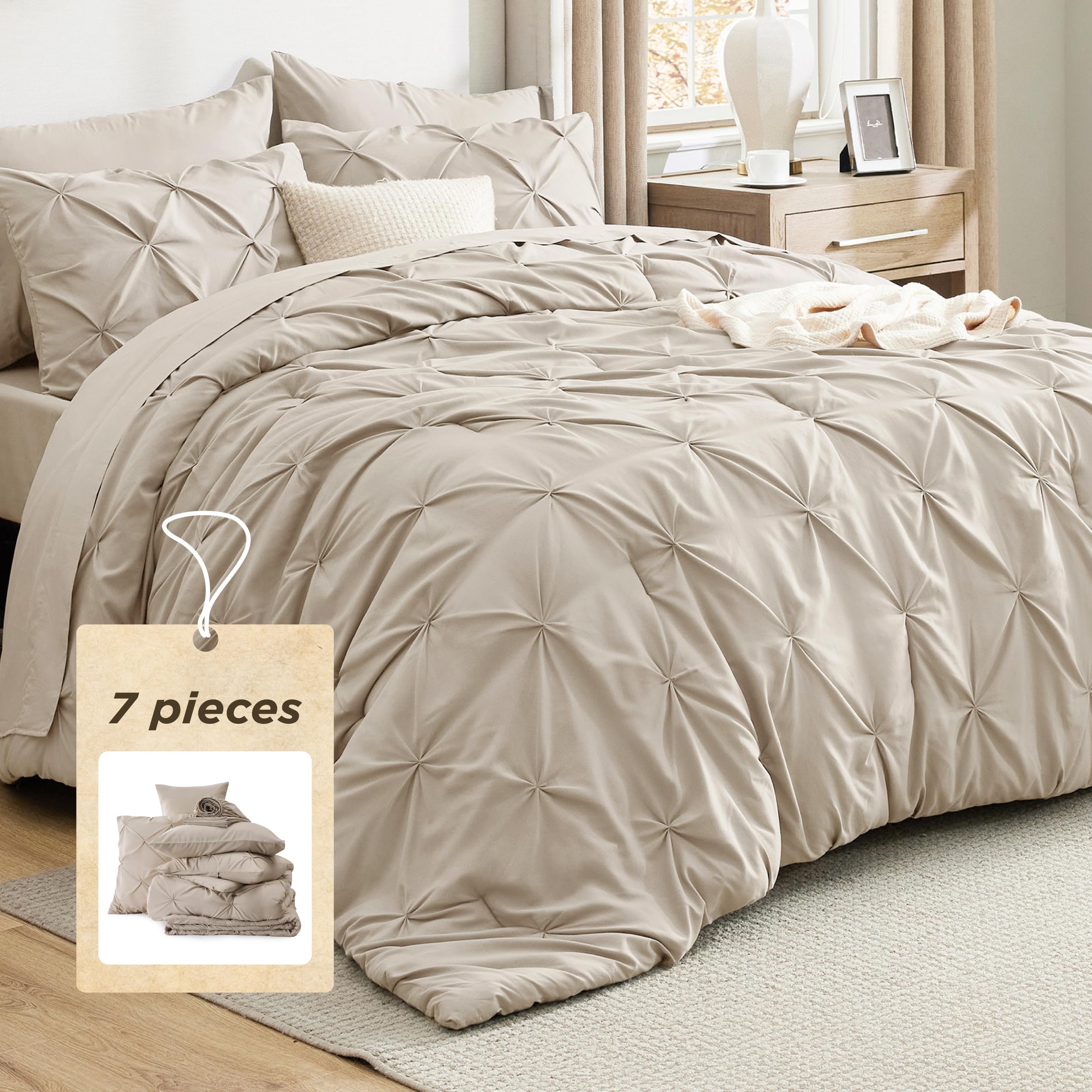 Bedsure King Size Comforter Set Beige - Bed in a Bag Bedding Set 7 Pieces, GentleSoft™ Pintuck Bed Set Gift for Family, All Season Down Alternative Comforter with Sheets, Pillowcases & Shams