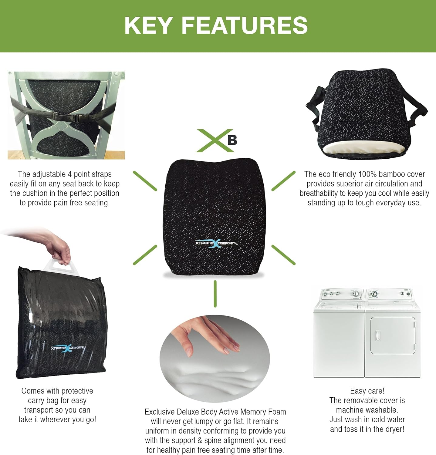 Xtreme Comforts Memory Foam Back Support Cushion - Designed for Back Pain Relief - Lumbar Pillow with Premium Adjustable Strap - Hypoallergenic Ventilative Mesh - Alleviates Lower Back Pain: Health & Personal Care