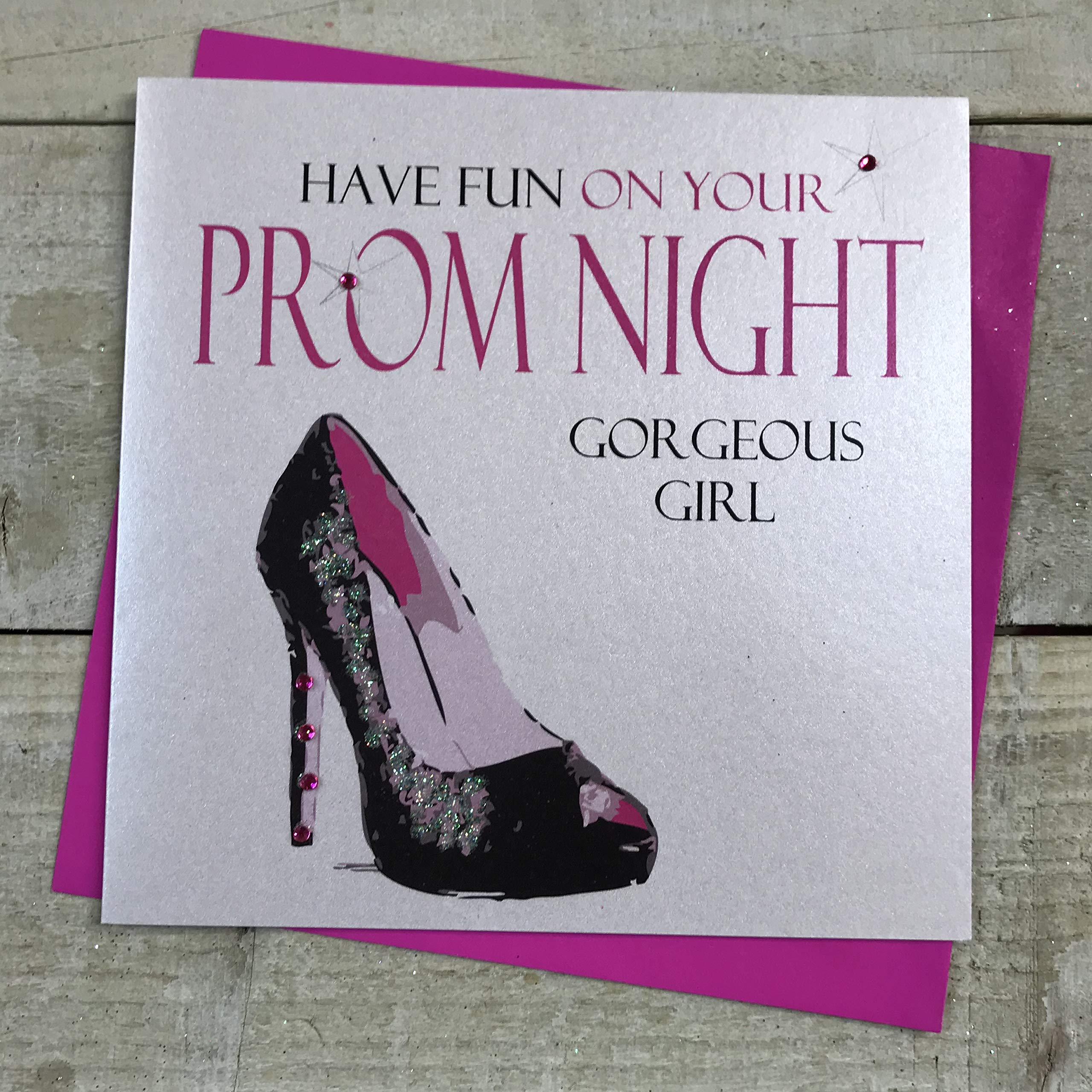 white cotton cards N323 Handmade "Have Fun On Your PROM NIGHT Gorgeous Girl" Neon Range Code N323 Card, White