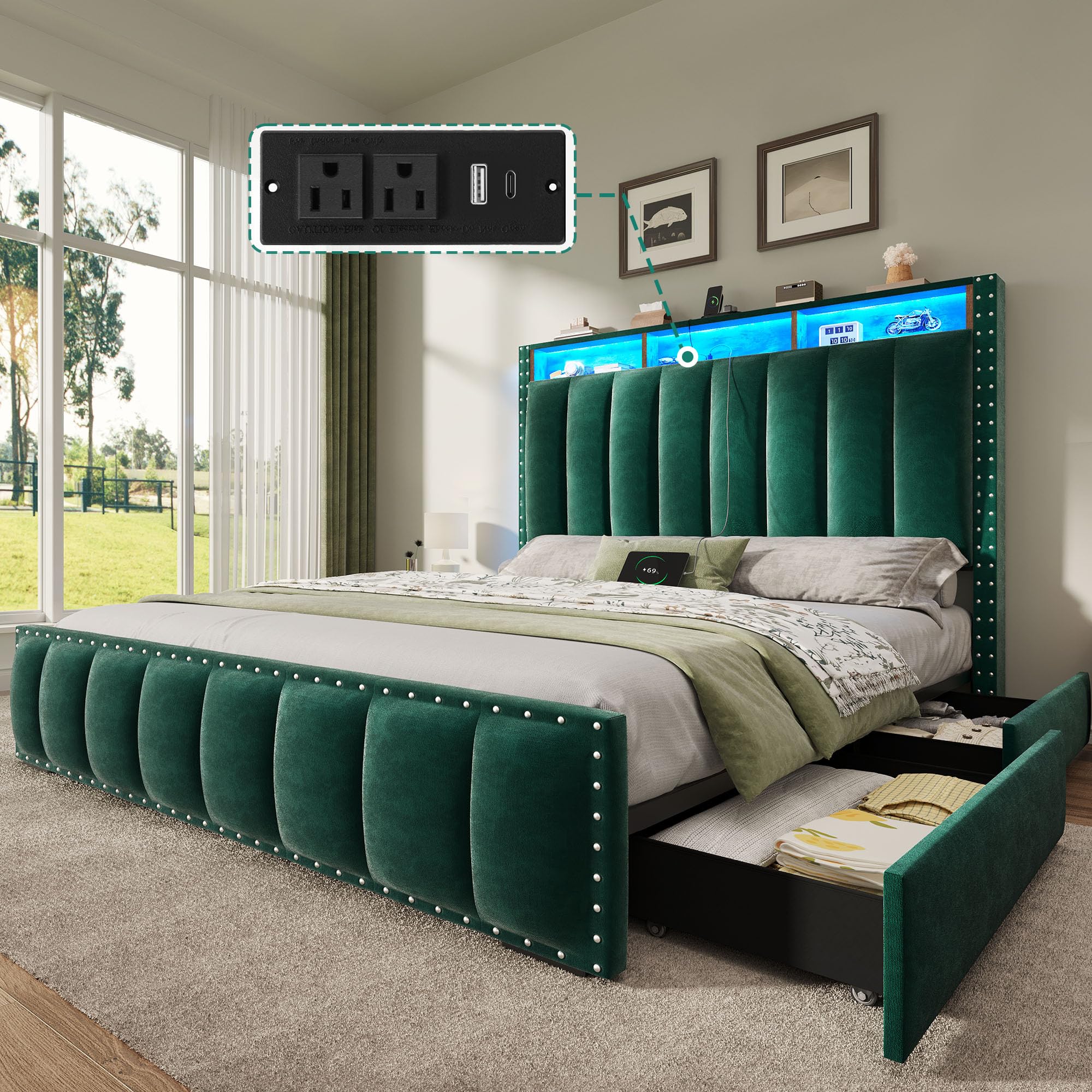 Photo 1 of **MINOR CUT DAMAGE**DWVO Full Size Bed Frame with 4 Storage Drawers and RGB LED Lights, Velvet Upholstered Platform Bed with Charging Station and Bookcase Storage Headboard, No Box Spring Needed, Easy Assembly, Green