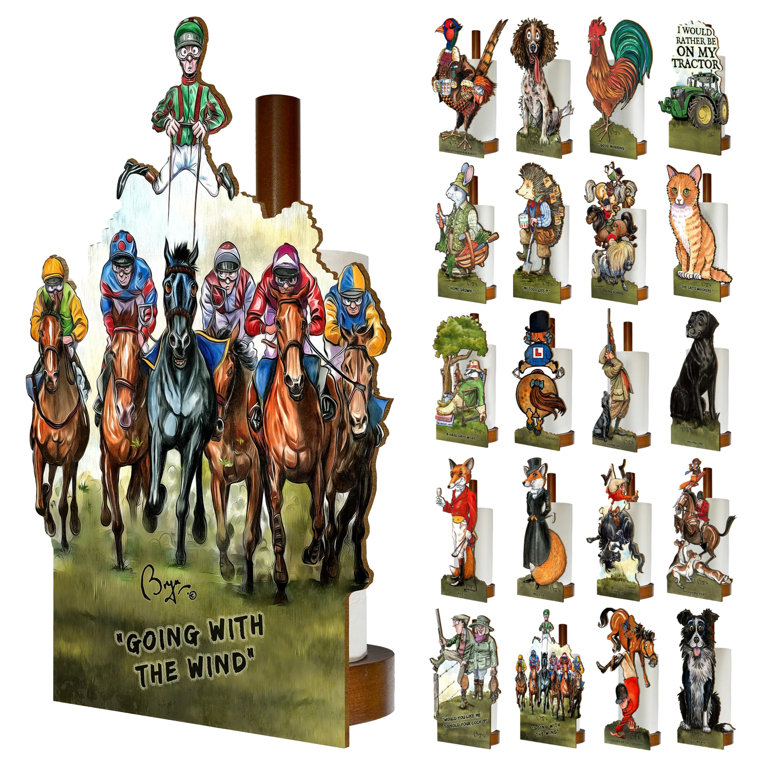 Looprints Fun Toilet Roll Storage & Kitchen Towel Holder Wooden Stand | Bryn Parry Horse Racing Art | Novelty Kitchen & Bathroom Decor & Accessories | A Standout Piece Of Functional Equestrian Decor. — image 1