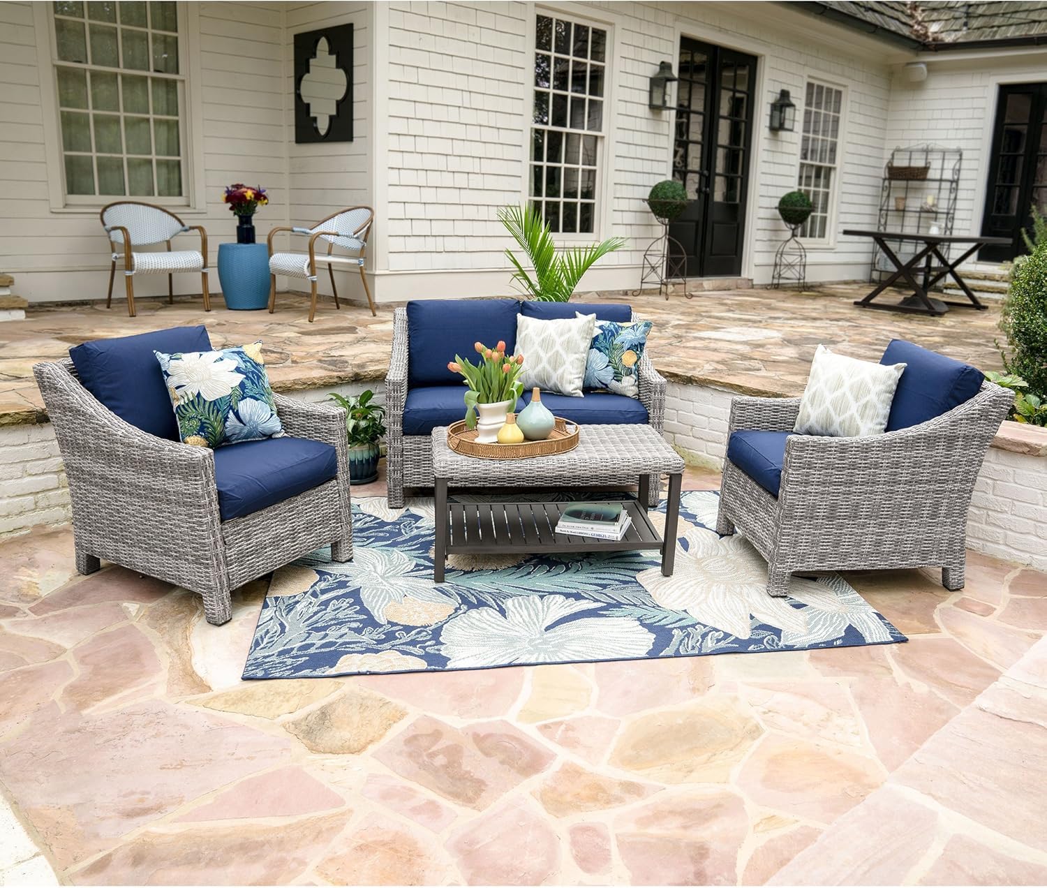 Amazon Com Leisure Made Marietta 4 Piece Outdoor Seating Navy Fabric Garden Outdoor