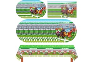 Seewey 49 Pcs Derby Party Supplies Horse Racing Party Disposable Tableware Set Including Paper Plates Napkins Tablecloth Derby Day Disposable Dinnerware for Horse Birthday Supplies Serve 16 Guests