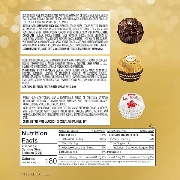 FERRERO ROCHER, 12 COUNT, PREMIUM GOURMET ASSORTED HAZELNUT MILK CHOCOLATE, DARK CHOCOLATE AND COCONUT CHOCOLATES, CHOCOLATE GIFT BOX, 4.6 OZ