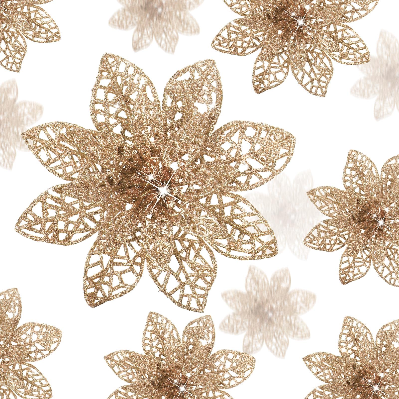 Photo 1 of Boao Champagne 24 Pieces Poinsettia Flower Christmas Glitter Artificial Poinsettia with Clips Christmas Tree Ornament Decorations for DIY Xmas Wreath Holiday Home Party Decor, 3/4/6 Inches