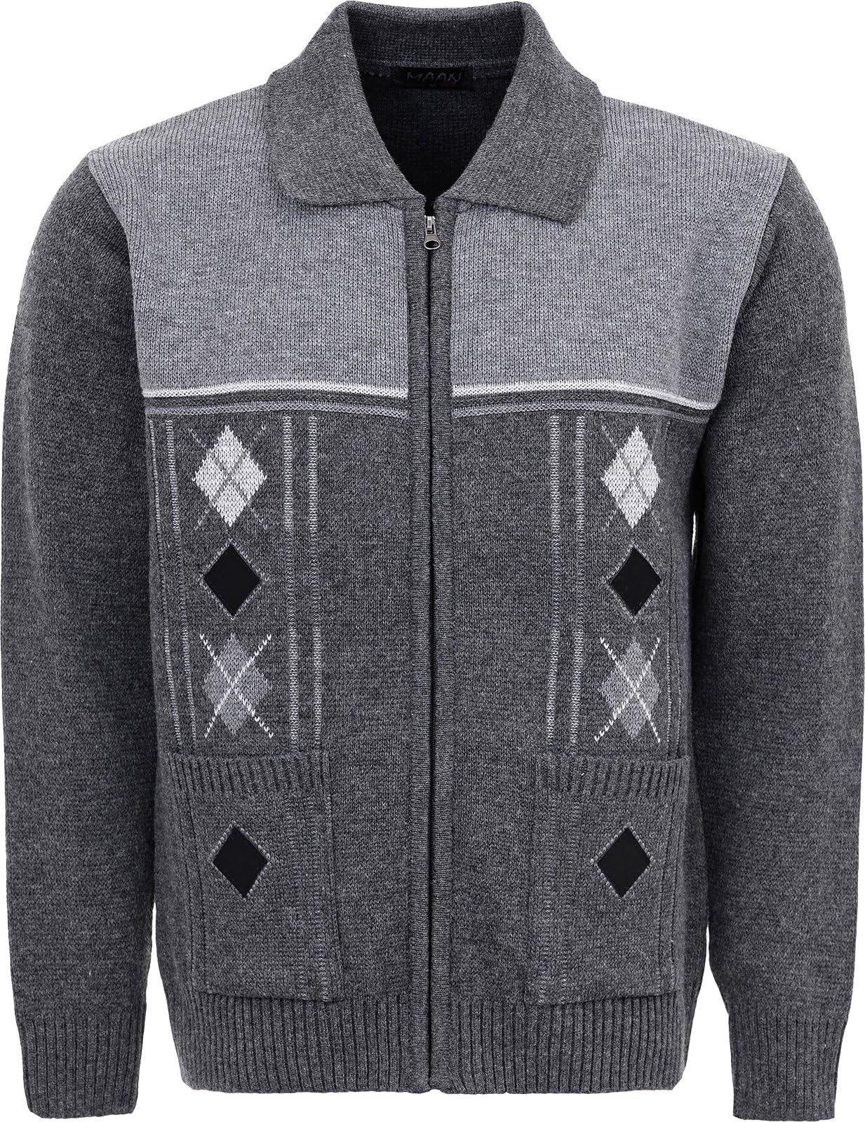 Mens Knitted Cardigan Chunky Knit with Full Zip Front Closure Collared Neck Front Pockets