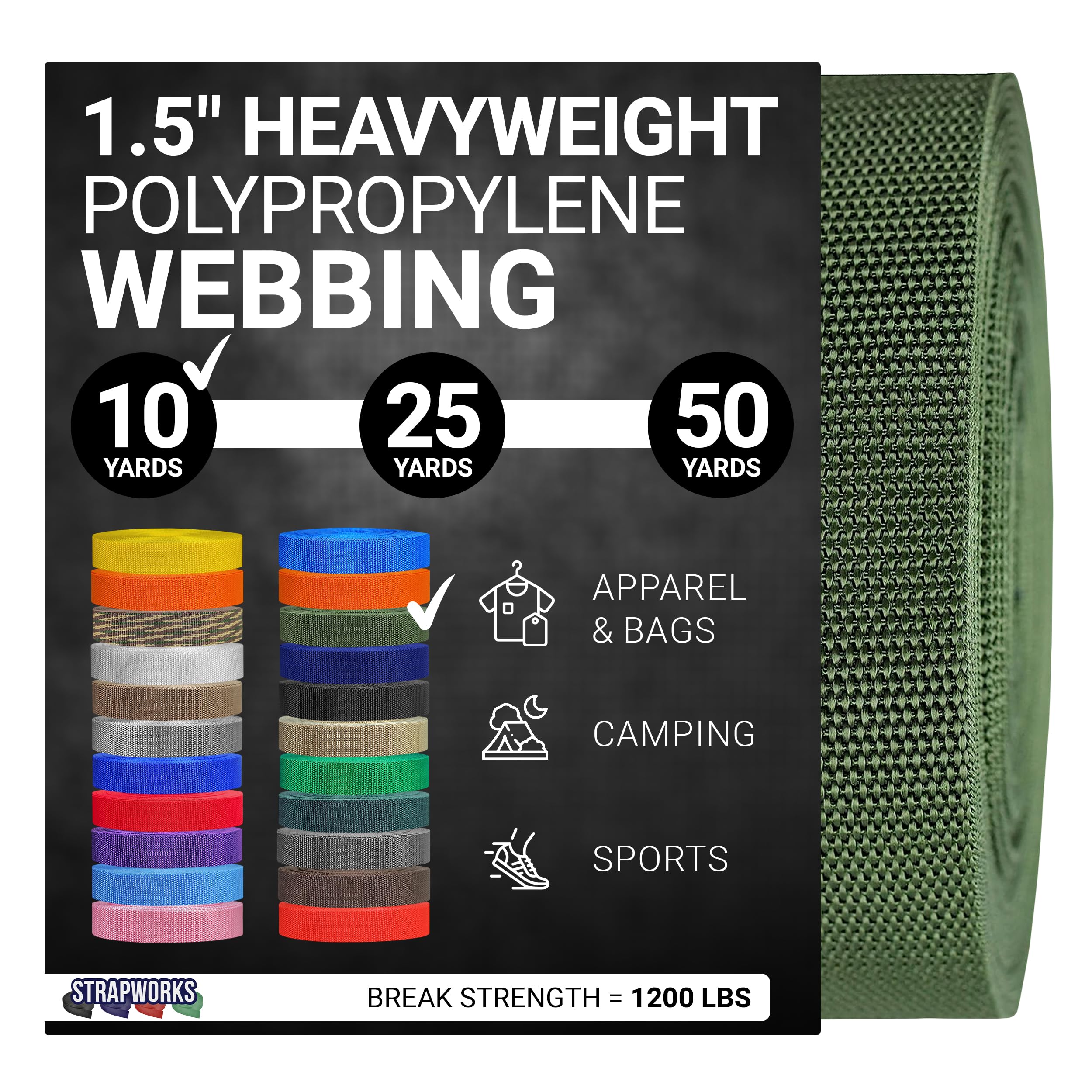 Strapworks Heavyweight Polypropylene Webbing - Heavy Duty Poly Strapping for Outdoor DIY Gear Repair, 1.5 Inch x 10 Yards, Olive Drab