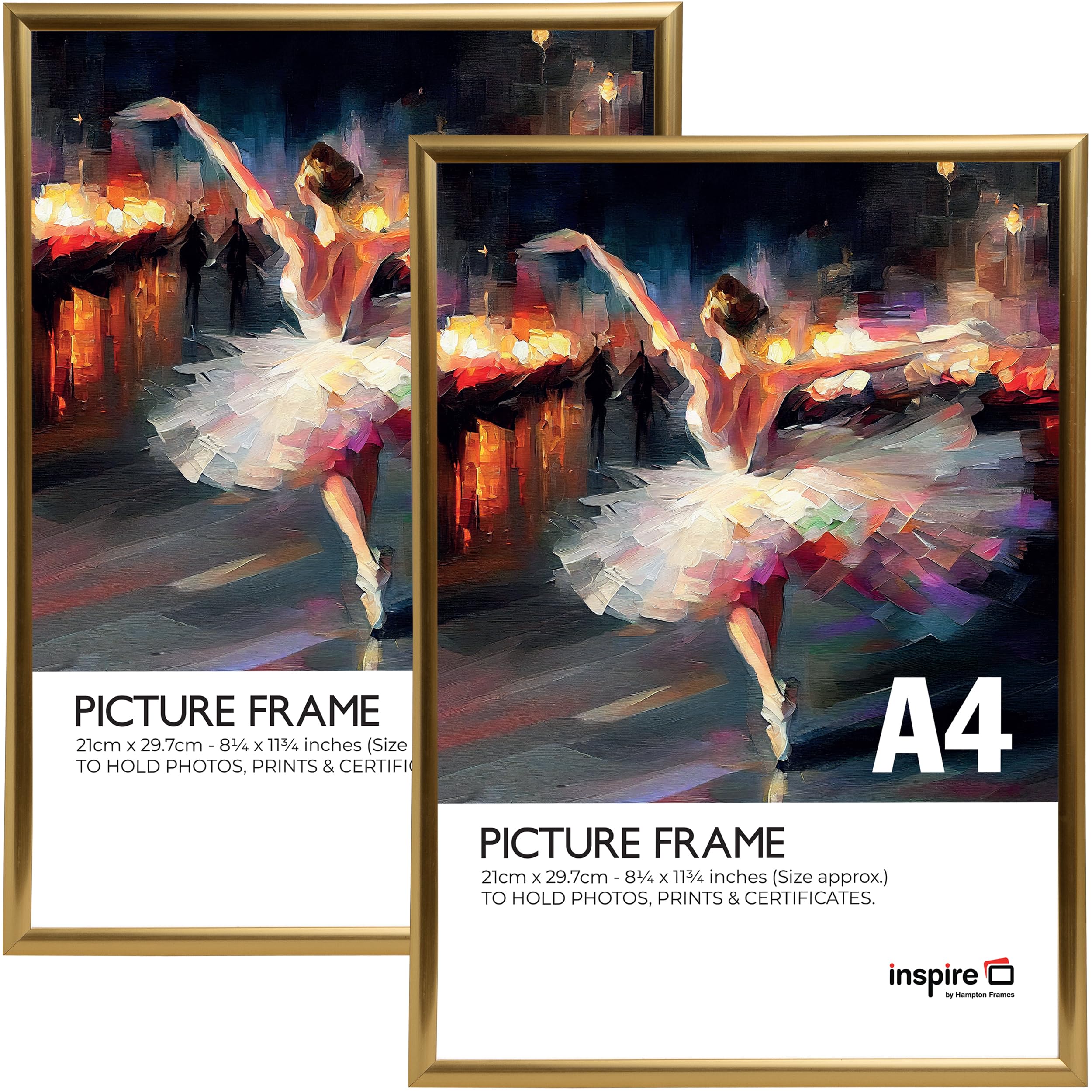 inspire by Hampton Frames | A4 Backloader Poster Frame Pack of 2, Gold, Acrylic Front | Lightweight, Easy to Hang, Shatterproof | Display Photos, Artworks Securely
