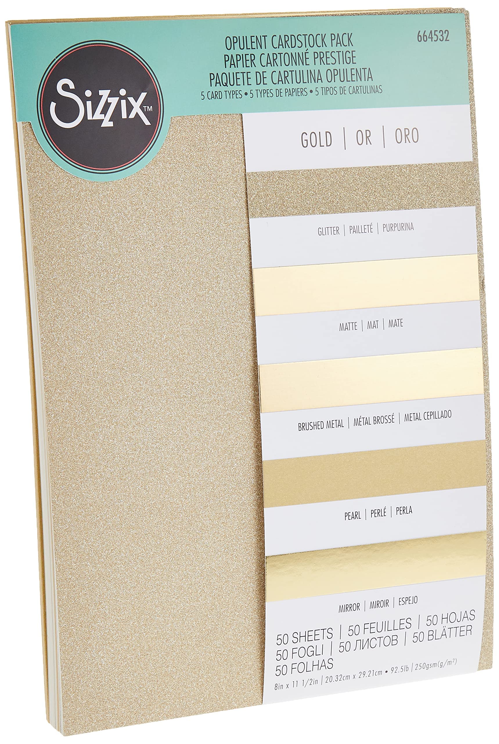 Sizzix Surfacez The Opulent Cardstock Pack, Assorted Finishes, 250gsm - A4 Gold 50 Sheets