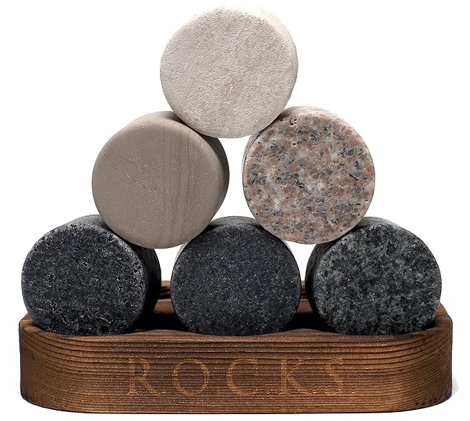 ROCKS WHISKEY CHILLING STONES Whisky Steine - Set Aus 6 Handgefertigten Premium Granit Rundschleifsteinen - Präsentations & A