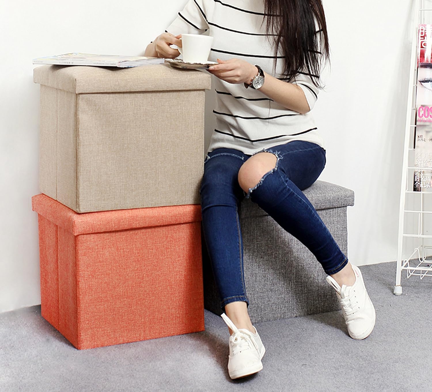 NISUNS OT01 Linen Folding Storage Ottoman Cube Footrest Seat, 12 X 12 X 12 Inches (Linen Gray): Kitchen & Dining
