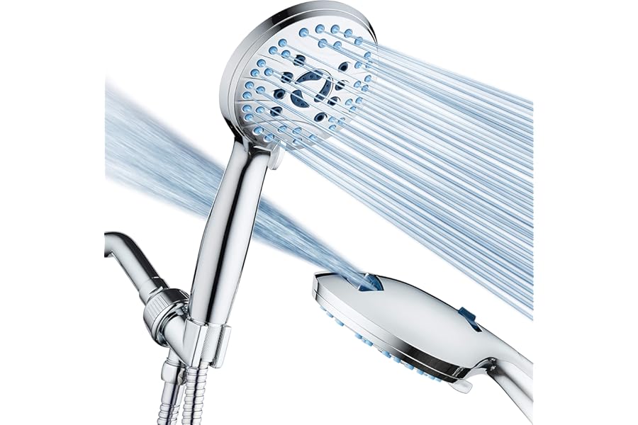 AquaCare High Pressure 8-mode Handheld Shower Head - Anti-clog Nozzles, Built-in Power Wash to Clean Tub, Tile & Pets, Extra Long 6 ft. Stainless Steel Hose, Wall & Overhead Brackets
